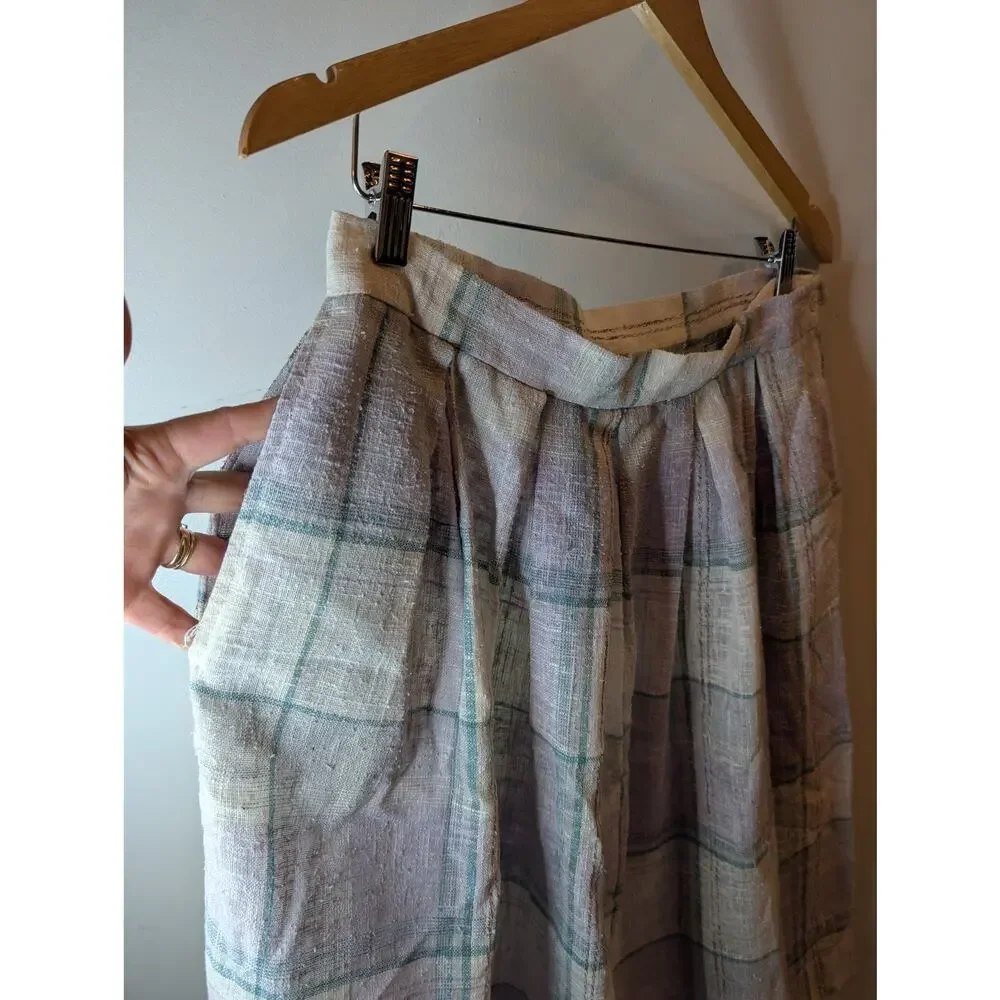 Vintage JCPenney Linen Plaid Pleated Midi Skirt Lavender Green Cream Women Sz 18